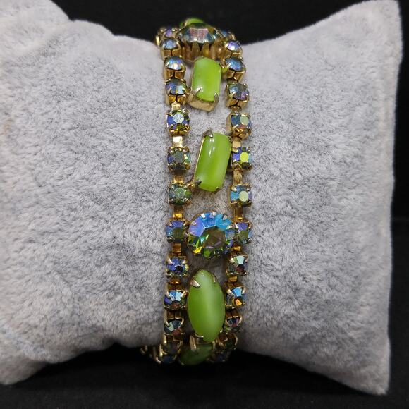 Mid-Century Green Blue AB Rhinestone Bracelet, Aurora Borealis, 1950s Vintage - Picture 6 of 10
